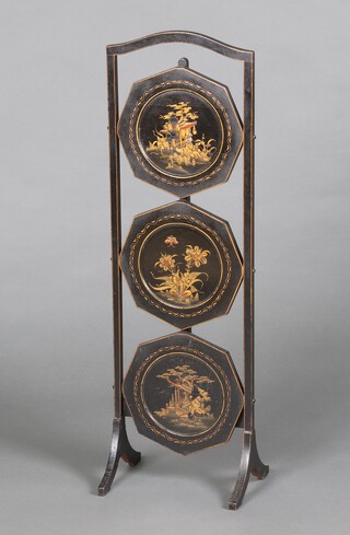 A 1930's black lacquered chinoiserie style octagonal 3 tier folding cake stand 85cm h x 27cm x 21cm 