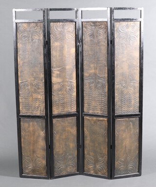 An Art Nouveau style ebonised and embossed 4 fold dressing screen with embossed paper panels to the centre 170cm h x 132cm when open x 33cm when closed 