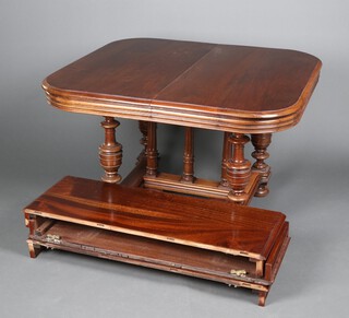 A 19th Century Continental mahogany extending dining table with 3 later associated leaves, raised on 4 cup and cover supports with H framed stretcher and bun feet 71cm h x 103cm w x 112cm l x 217cm l when extended 