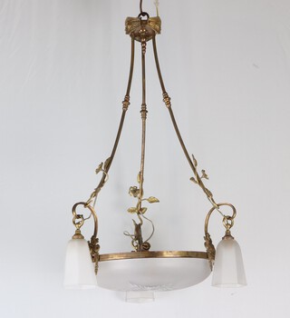 An Art Nouveau gilt metal  and glass 3 light electrolier with cut glass bowl to the centre 66cm h x 36cm diam.  