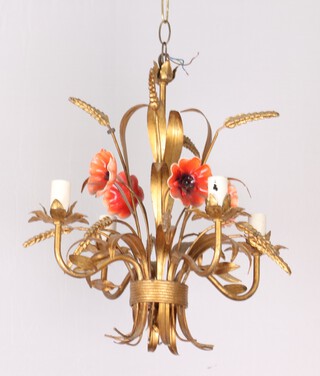 Mid Century, Hans Kogl, a Wheat Sheaf 4 light Regency style gilt chandelier decorated with poppies 42cm h x 44cm 