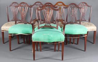 A set of 8 Georgian mahogany Chippendale style dining chairs with pierced vase shaped slat backs and over stuffed seats, raised on square tapered supports, comprising 1 carver 103cm h x 63cm w x 51cm d (seat 31cm x 38cm), 7 standard chairs 100cm h x 56cm w x 47cm d (30cm x 30cm) 