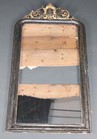 A 19th Century Continental shaped wooden and plaster mirror frame surmounted by a coat of arms 155cm x 83cm 