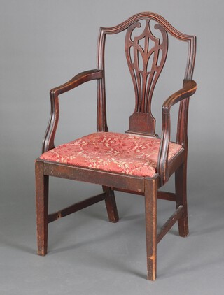 A 19th Century Hepplewhite style mahogany open arm chair with vase shaped slat back, upholstered drop in seat, raised on square tapered supports 99cm h x 55cm w x 45cm d (seat 30cm x 30cm) 