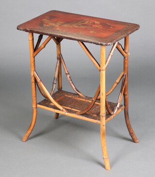 A 1930's rectangular bamboo 2 tier occasional table, the lacquered top decorated a landscape 74cm h x 60cm w x 37cm d 