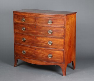 A 19th Century mahogany bow front chest of 2 short and 3 long drawers with replacement handles, raised on bracket feet 101cm h x 102cm w x 50cm d 