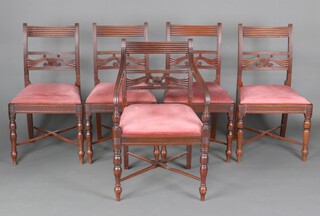 A set of 5 19th Century mahogany bar back dining chairs with pierced mid rails and upholstered drop in seats, raised on turned supports with X framed stretchers - 1 carver 85cm h x 53cm w x 47cm d (seat 27cm x 30cm) and 4 standard chairs 85cm h x 47cm w x 40cm d (22cm x 25cm) 