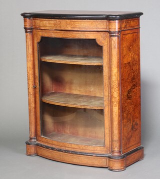 A Victorian inlaid figured walnut display cabinet with ebonised banding and gilt metal mounts, fitted shelves enclosed by a glazed panelled door, 105cm h x 83cm w x 38cm d  