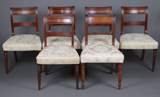 A harlequin set of 6 (5 and 1) Georgian mahogany bar back dining chairs with carved mid rails and over stuffed seats, raised on turned supports 81cm h x 48cm w x 39cm d (seat 28cm x 25cm) 