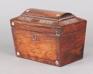 A 19th Century rosewood and inlaid mother of pearl tea caddy of sarcophagus form 15cm h x 20cm w x 12cm d 