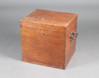 A 19th Century Army & Navy Co-operative Society Ltd. oak plate box with hinged  lid and iron drop handles, the interior fitted a tray 49cm h x 50cm w x 43cm d 