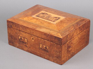 A Victorian Tunbridge Ware and walnut trinket box with interior tray and hinged lid decorated a castle,  2 small Tunbridge ware panels to the front 13cm h x 31cm w x 23cm d 