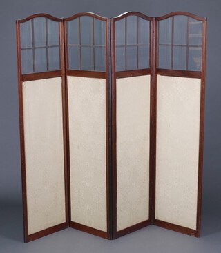 An Edwardian mahogany and glass 4 fold screen 173cm h x 46cm w when closed x 181cm w when open 