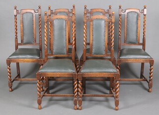 A set of 6 1930's oak high back dining chairs with spiral turned columns to the side and upholstered drop in sats, raised on spiral turned supports with H framed stretcher 108cm h x 46cm w x 42cm d (seat 18cm x 24cm) 