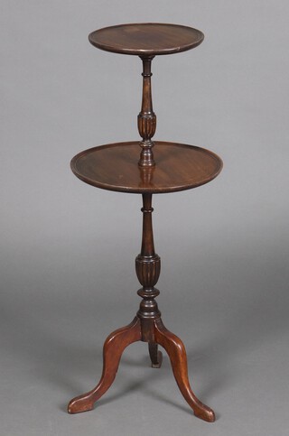A Georgian style circular mahogany 2 tier dumb waiter on a pillar and tripod base 93cm h x 37cm diam. 