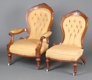 A Victorian carved and inlaid figured walnut open arm chair, upholstered in yellow material, raised on turned supports  97cm h x 61cm w x 56cm d, together with a similar nursing chair 89cm h x 50cm w x 50cm d 