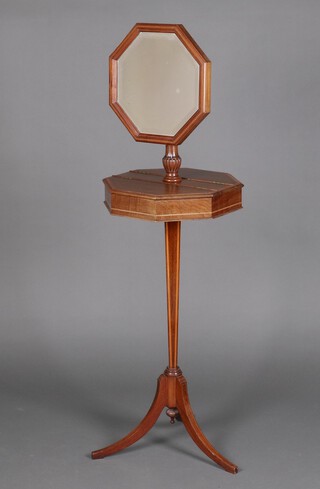 A 19th Century octagonal inlaid mahogany shaving stand with octagonal bevelled plate mirror, raised on square tapered column and tripod base 145cm h x 42cm w x 42cm d 