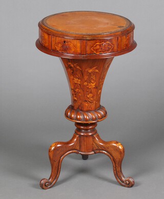 A Victorian circular and inlaid walnut work box of conical form with brown leather inset top, raised on cabriole supports 78cm h x 40cm 
