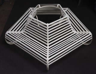 A five sided reeded wrought iron circular white painted tree seat in two halves, bench diameter 210cm to fit tree 85cm diameter, 74cm h 