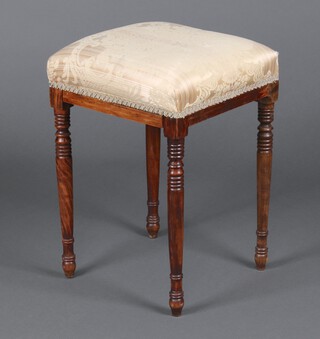 A Victorian square mahogany stool upholstered in yellow floral material, raised on turned supports 49cm h x 33cm 