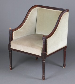 An Edwardian Georgian style mahogany show framed library chair upholstered in green material, raised on turned and fluted supports 34cm x 60cm x 57cm (seat 30cm x 34cm) 
