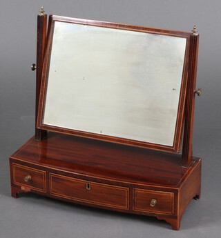 A 19th Century rectangular plate dressing table mirror contained in an inlaid mahogany frame on a bow front base fitted 3 drawers 51cm h x 51cm w x 22cm d 