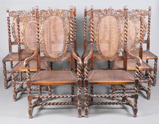 A set of 8 1920's Carolean style carved and pierced oak high back dining chairs comprising 2 carvers 124cm h x 61cm w x 56cm d and 6 standard chairs 110cm h x 50cm w x 40cm d 