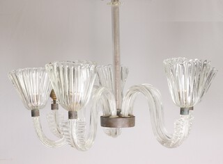 An Art Deco Continental 6 light electrolier with 5 boat shaped light shades, 1 glass shade is broken,  66cm h x 62cm diam.  