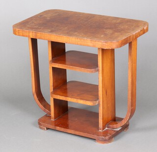 A rectangular Art Deco figured walnut 3 tier occasional table on a shaped base 64cm h x 69cm w x 45cm d 