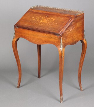 A Victorian French inlaid rosewood bonheur du jour with brass 3/4 gallery, the interior fitted a well and drawers, raised on cabriole supports 94cm h x 70cm w x 46cm d 