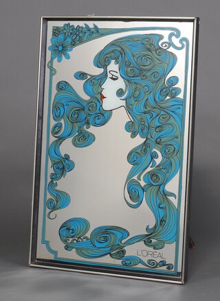 A 1970's rectangular plate wall mirror marked L'Oreal decorated a lady 81cm x 56cm, contained in a silvered frame 
