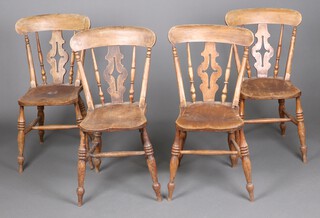A set of 4 19th Century beech and elm slat back Windsor chairs with turned supports and H framed stretcher 88cm h x 35cm w x 40cm d (seats 20cm x 23cm) 
