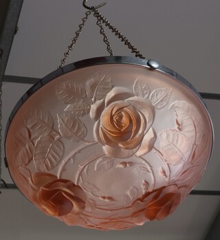 An Art Deco peach coloured glass light shade decorated roses 10cm x 35cm 