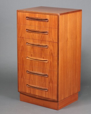 A G-Plan mid-Century teak pedestal chest of 6 drawers with counter sunk handles, raised on a platform base 103cm h x 55cm w x 45cm d