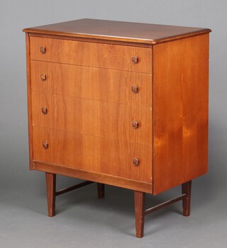 A Homeworthy mid-Century teak chest of 4 long drawers with square gilt and teak handles, raised on tapered supports 93cm x 77cm x 47cm 