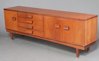 A mid-Century teak sideboard fitted 4 drawers with rectangular shaped handles, the upper drawer fitted cutlery trays, flanked by a cupboard to the left and a pair of cupboards to the right, raised on square supports 73cm h x 214cm w x 46cm d 