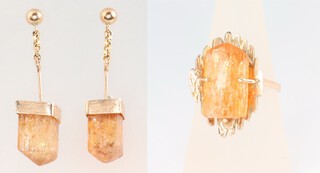 A 9ct yellow gold crystal mounted ring size R 1/2 and a pair of ditto ensuite ear drops, gross weight 14.8 grams 