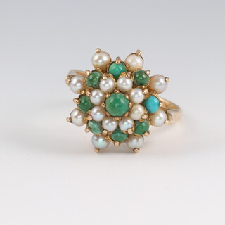 A 9ct yellow gold seed pearl and turquoise dress ring, size N,  4.1 grams 