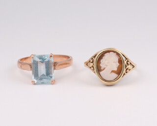 A 9ct yellow gold topaz ring and a ditto cameo ring, gross weight 6 grams, size P and S