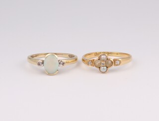 A 9ct yellow gold opal and diamond ring, the opal 1ct, the 2 diamonds 0.01ct each, 2 grams, size P and an 18ct yellow gold seed pearl and diamond ring size P 1/2, 3.2 grams 