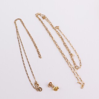 Two 9ct yellow gold necklaces 40cm and 50cm, 3 gold butterflies, 4.2 grams 