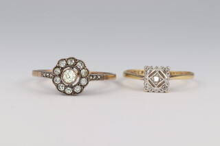 An Edwardian 18ct yellow gold cluster ring, size K, 1.5 grams and a ditto paste ring, size Q, 2.1 grams, 