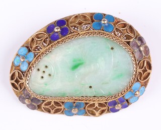 A silver gilt, carved jade and enamelled brooch 35mm 