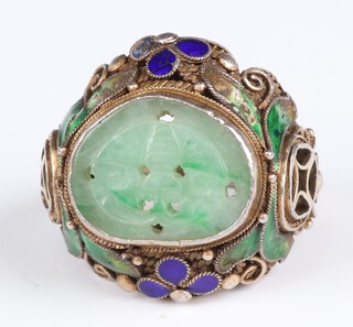 A Chinese silver gilt jade and enamel ring size M 8.5 grams