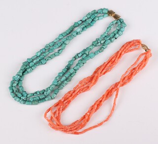 A string of natural turquoise beads 41cm and a coral string of beads 16cm 