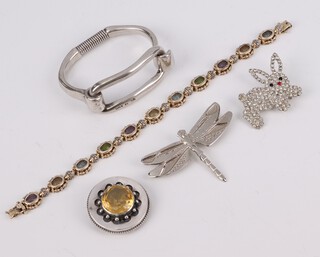 A 925 standard silver bangle, a silver gilt bracelet and a 3 brooches, gross weight 72 grams