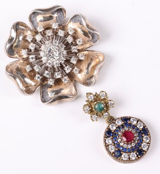 A silver and paste rose brooch 50mm and a paste set gilt pendant, gross weight 34 grams