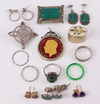 An Art Deco hardstone marcasite brooch and other items of costume jewellery 