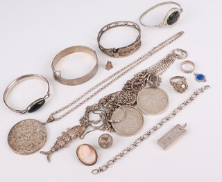 A silver articulated fish pendant and other items of silver costume jewellery, gross weight 348 grams 