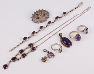 A silver and amethyst pendant, ditto bracelet and other items of silver costume jewellery